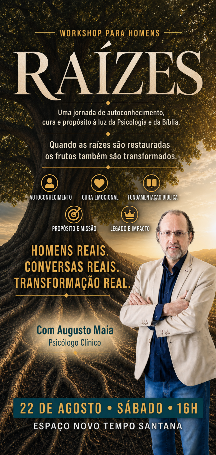 Cartaz do Workshop para Homens RAÍZES com Augusto Maia